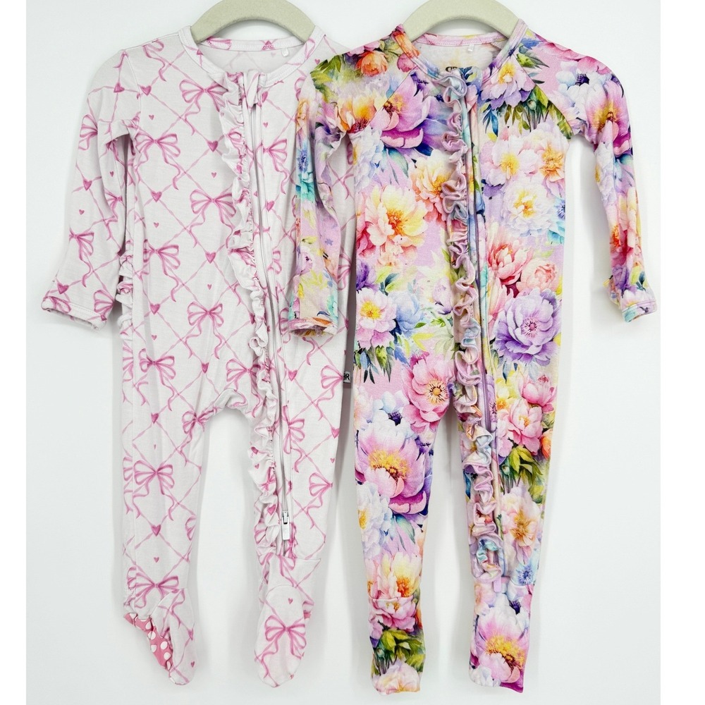 Lot 2 Bums & Roses Bamboo Ruffle Romper Sleeper Pajamas Footie 3-6 Months